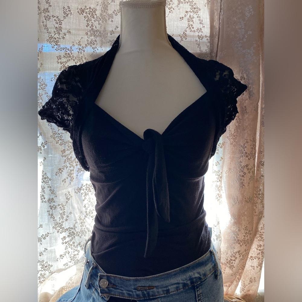 Chic Black Lace Tie-Front Blouse